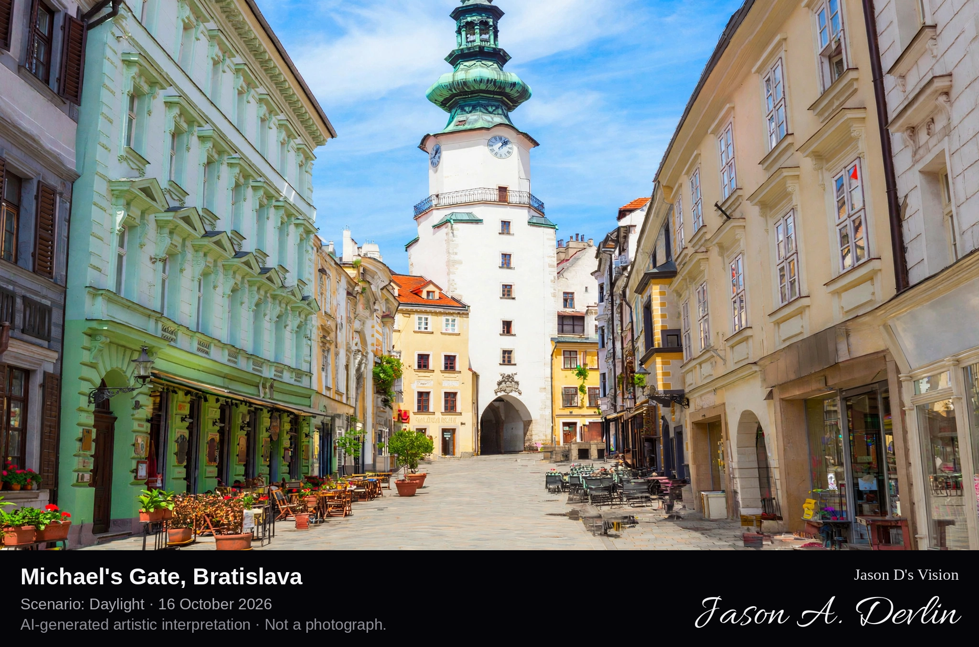 AI-generated artistic interpretation of Michael's Gate, Bratislava, Slovakia.