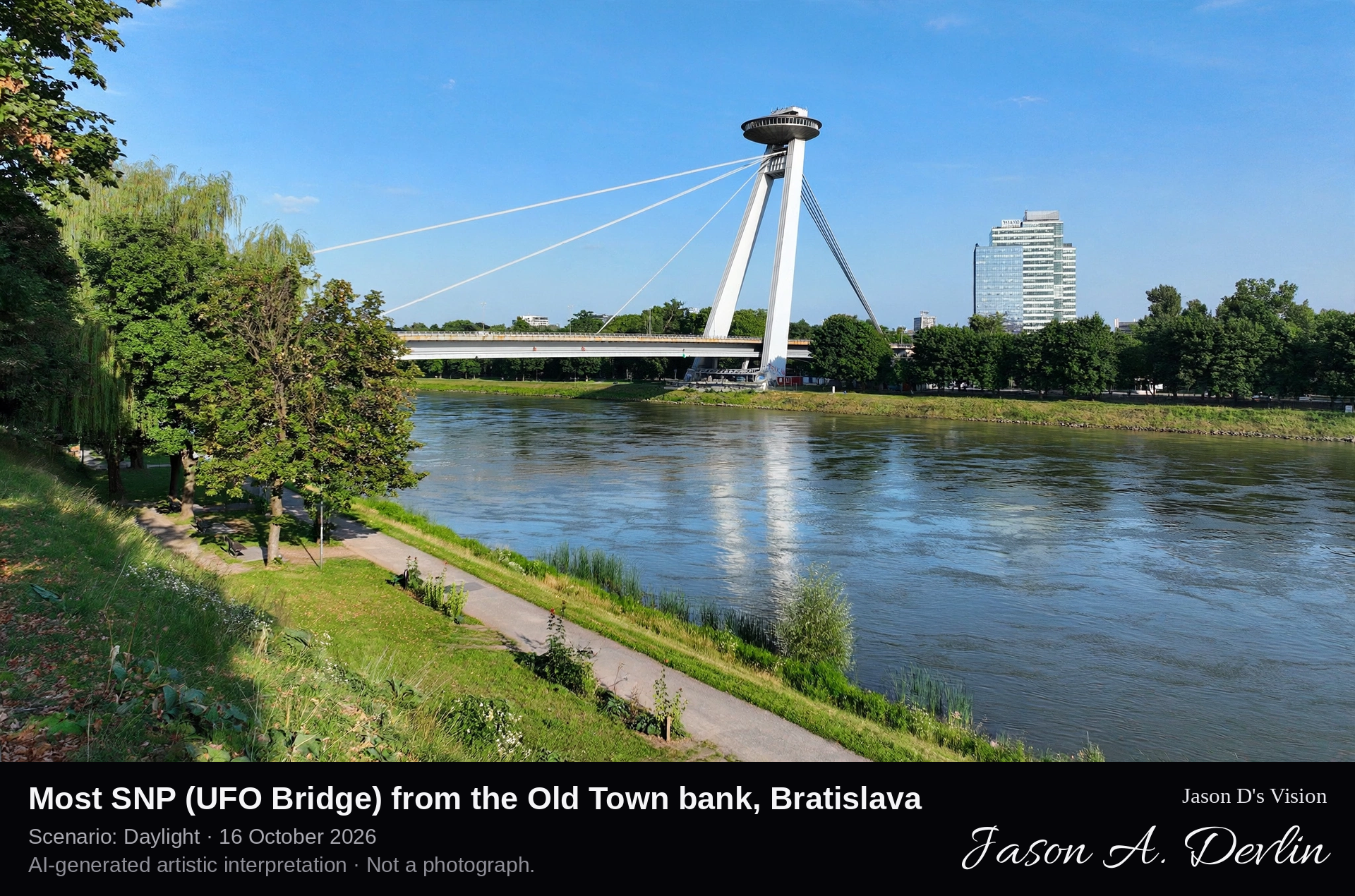 Most SNP (UFO Bridge) from the Old Town bank, Bratislava