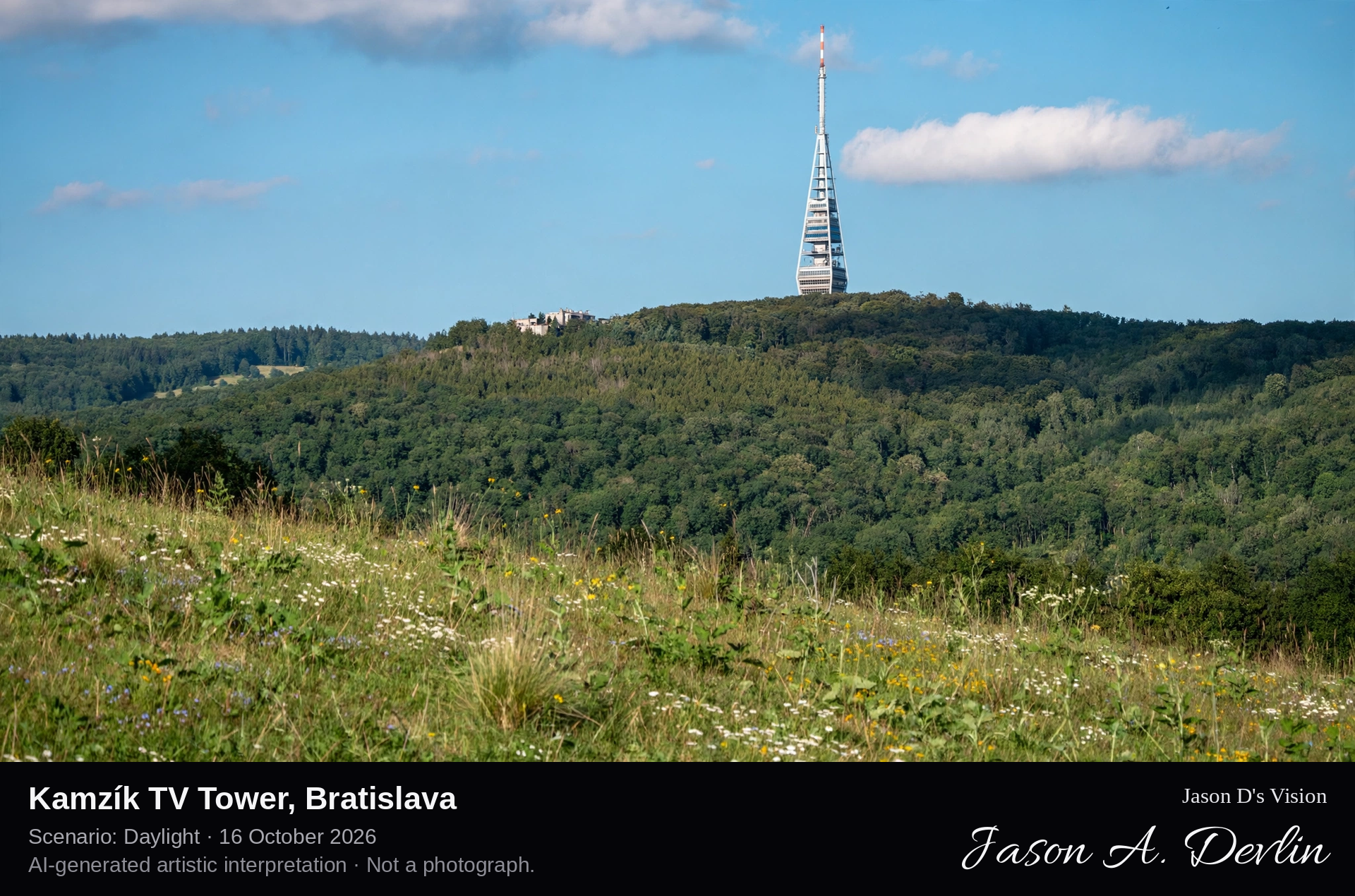 AI-generated artistic interpretation of Kamzík TV Tower, Bratislava, Slovakia.
