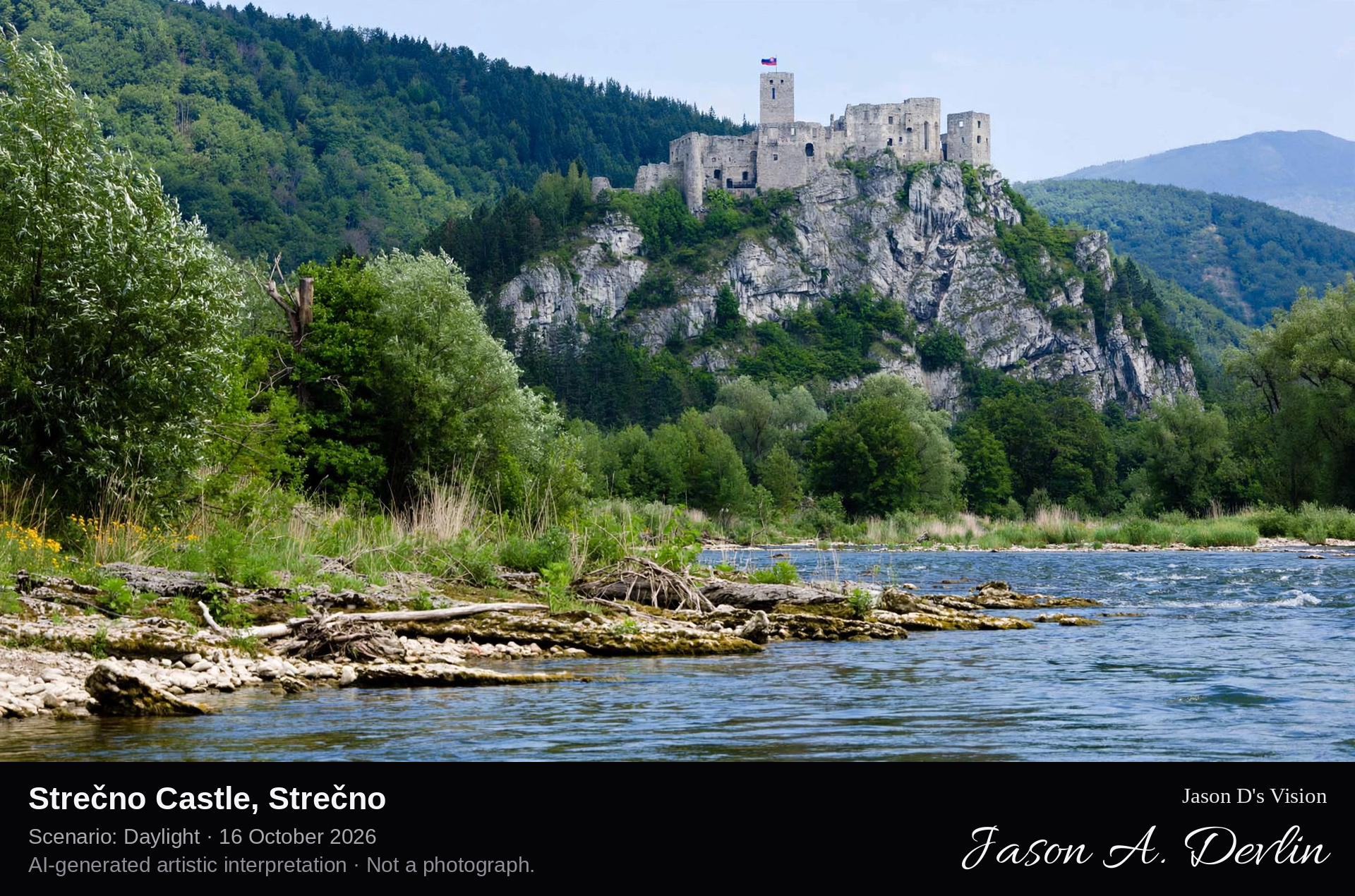 AI-generated artistic interpretation of Strečno Castle, Strečno, Slovakia.