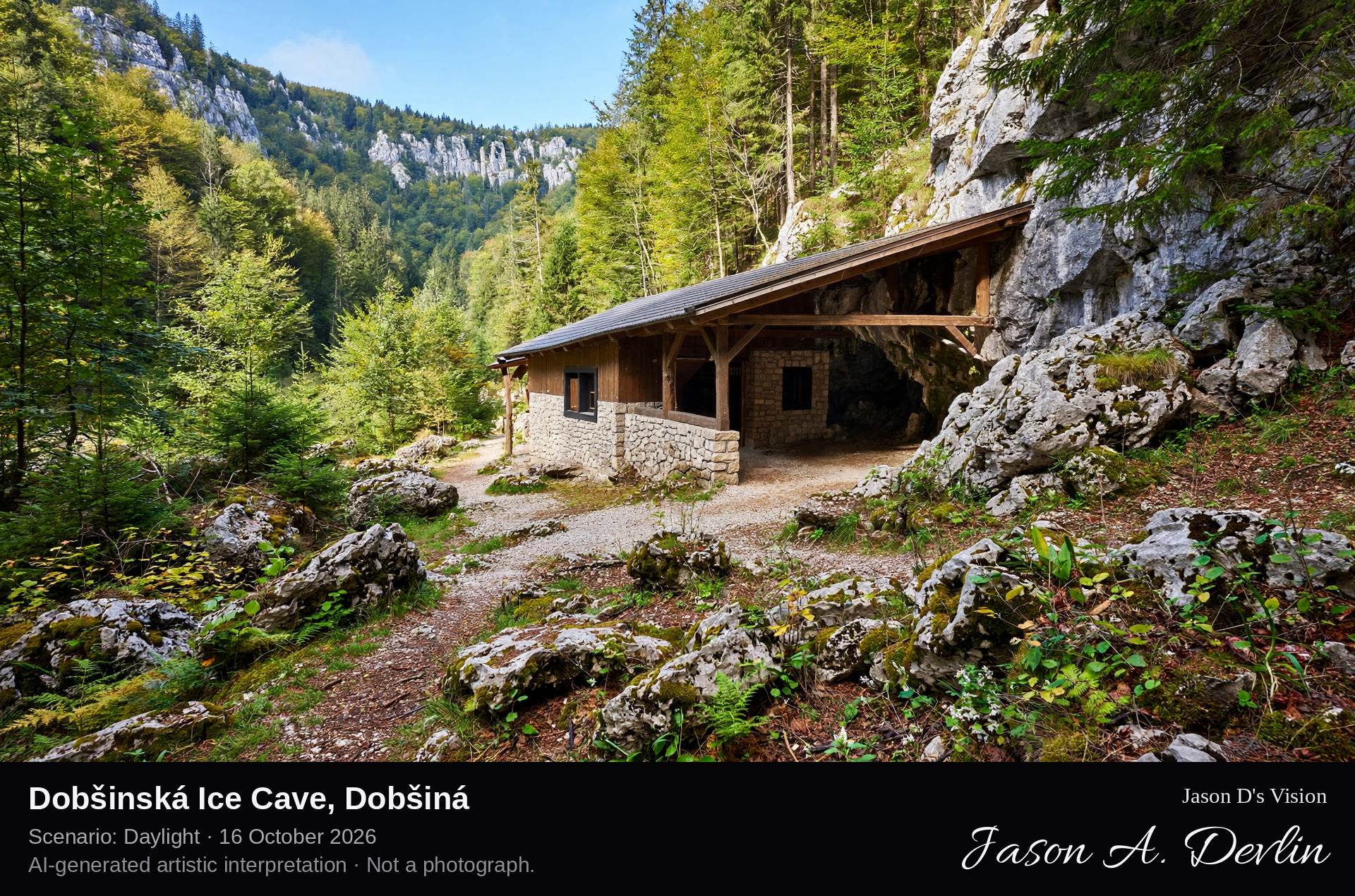 AI-generated artistic interpretation of Dobšinská Ice Cave, Dobšiná, Slovakia.