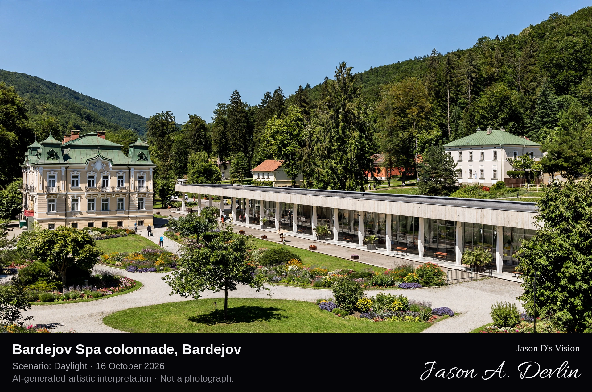 AI-generated artistic interpretation of Bardejov Spa colonnade, Bardejov, Slovakia.