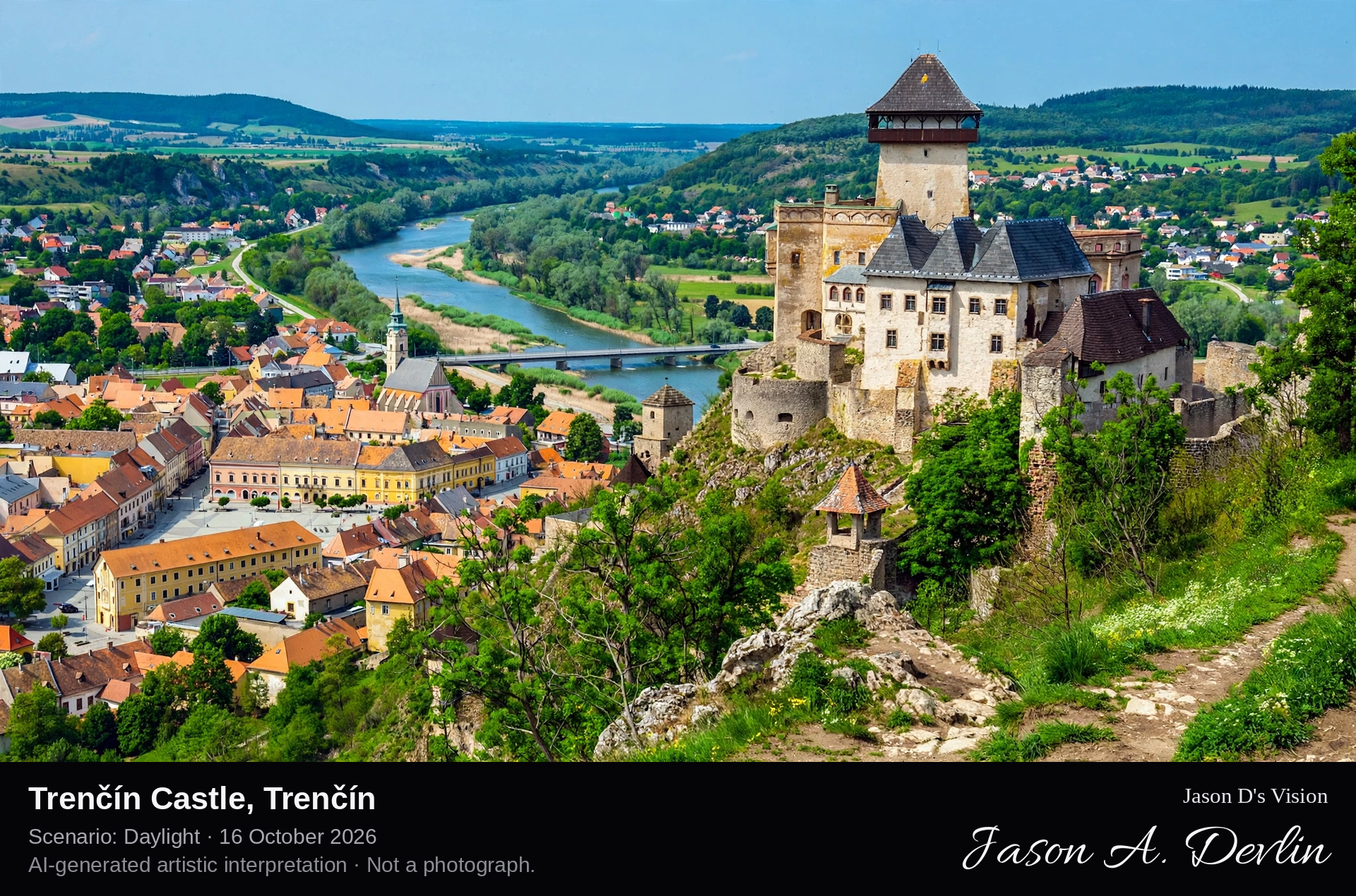 AI-generated artistic interpretation of Trenčín Castle, Trenčín, Slovakia.