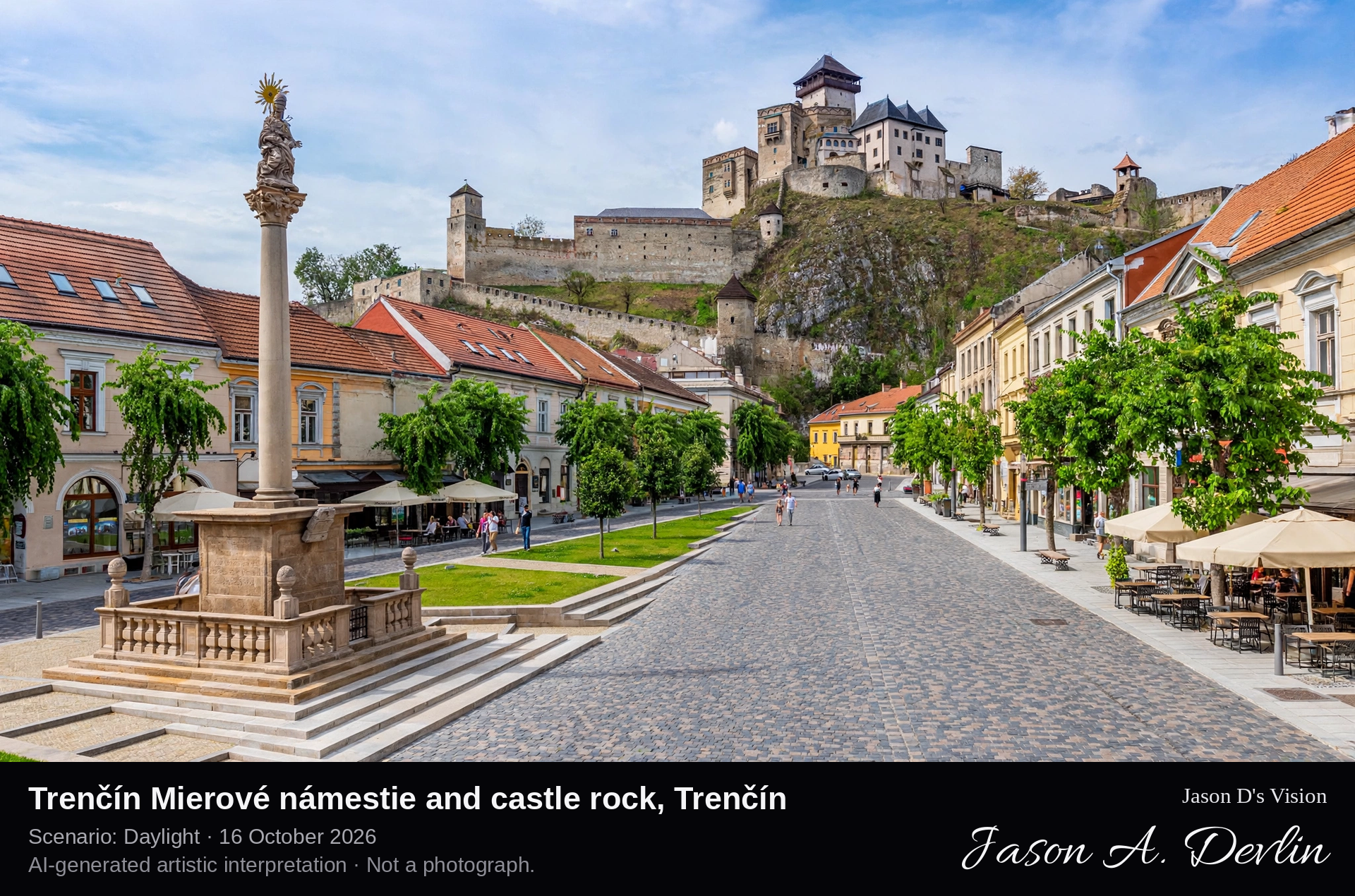Trenčín Mierové námestie and castle rock, Trenčín